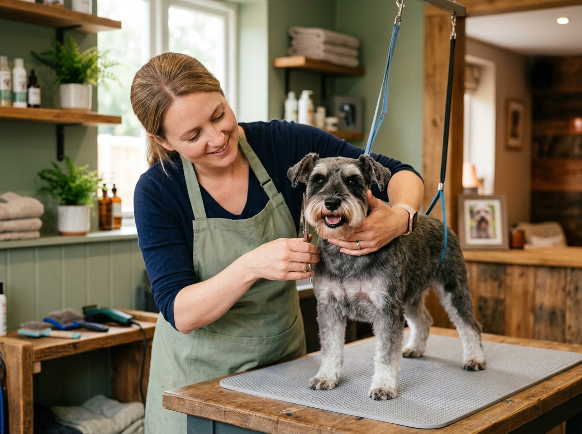 Lisa gently grooming and styling a dog on the grooming table
