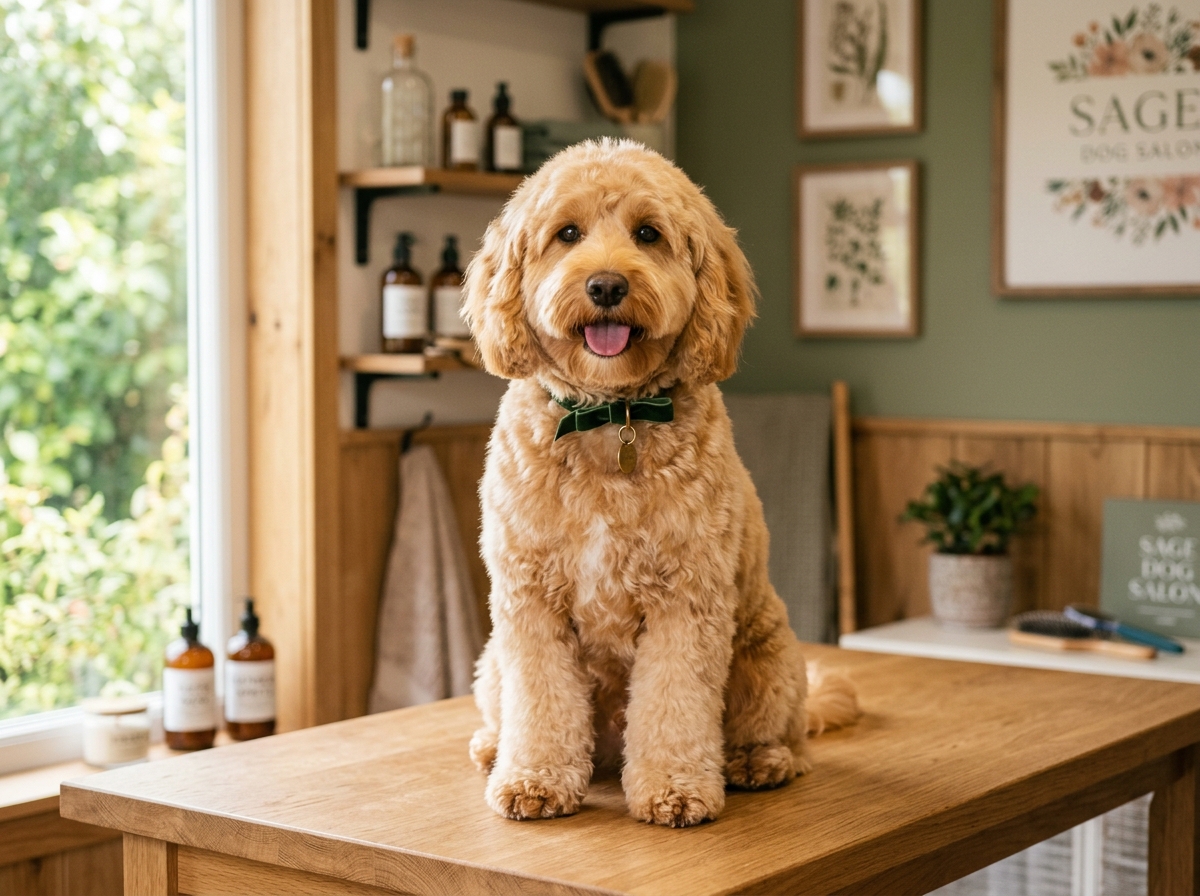 A freshly groomed cockapoo looking happy in the Cwtch grooming studio