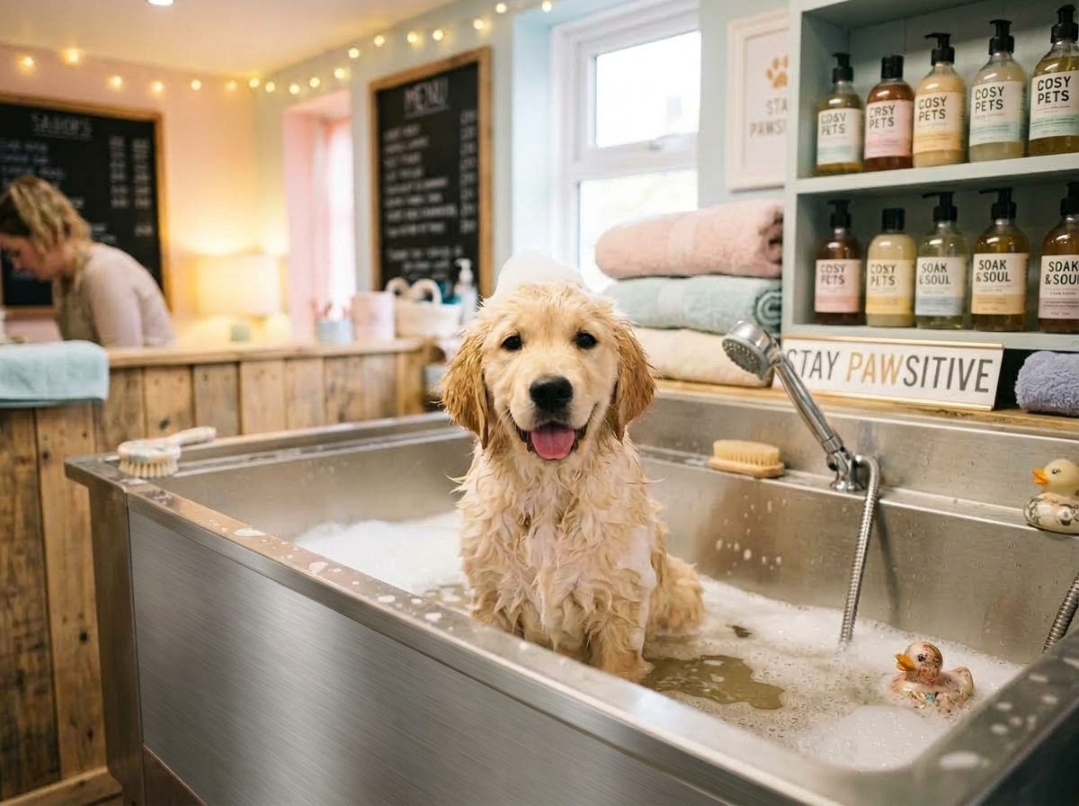 A golden puppy enjoying a warm soapy bath in a salon tub